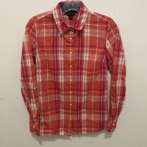 TOMMY HILFIGER white orange plaid roll tab sleeves button up classic fit top XS